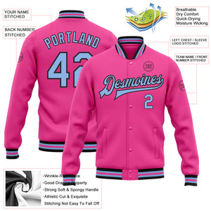 Custom Pink Light Blue-Black Bomber Full-Snap Varsity Letterman Jacket