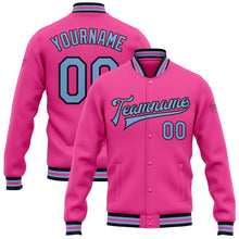 Charger l&#39;image dans la galerie, Custom Pink Light Blue-Black Bomber Full-Snap Varsity Letterman Jacket
