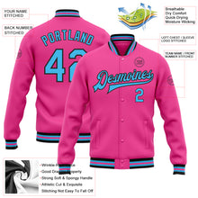 Laden Sie das Bild in den Galerie-Viewer, Custom Pink Sky Blue-Black Bomber Full-Snap Varsity Letterman Jacket
