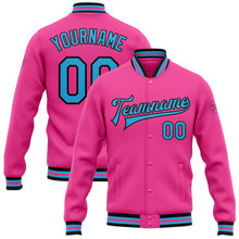 Laden Sie das Bild in den Galerie-Viewer, Custom Pink Sky Blue-Black Bomber Full-Snap Varsity Letterman Jacket
