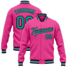 Charger l&#39;image dans la galerie, Custom Pink Aqua-Black Bomber Full-Snap Varsity Letterman Jacket
