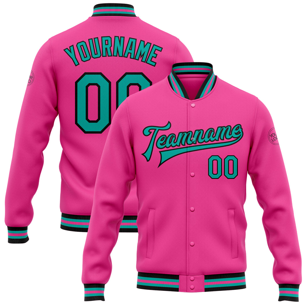 Custom Pink Aqua-Black Bomber Full-Snap Varsity Letterman Jacket