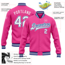 Load image into Gallery viewer, Custom Pink White-Royal Bomber Full-Snap Varsity Letterman Jacket
