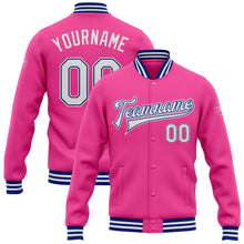 Load image into Gallery viewer, Custom Pink White-Royal Bomber Full-Snap Varsity Letterman Jacket
