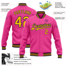 Laden Sie das Bild in den Galerie-Viewer, Custom Pink Gold-Navy Bomber Full-Snap Varsity Letterman Jacket
