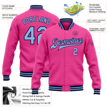 Laden Sie das Bild in den Galerie-Viewer, Custom Pink Light Blue-Navy Bomber Full-Snap Varsity Letterman Jacket
