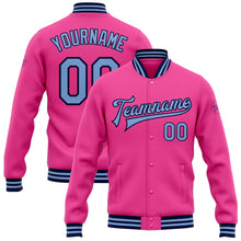 Laden Sie das Bild in den Galerie-Viewer, Custom Pink Light Blue-Navy Bomber Full-Snap Varsity Letterman Jacket
