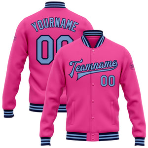 Custom Pink Light Blue-Navy Bomber Full-Snap Varsity Letterman Jacket