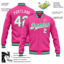 Laden Sie das Bild in den Galerie-Viewer, Custom Pink White-Kelly Green Bomber Full-Snap Varsity Letterman Jacket
