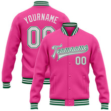 Laden Sie das Bild in den Galerie-Viewer, Custom Pink White-Kelly Green Bomber Full-Snap Varsity Letterman Jacket
