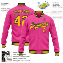 Загрузить изображение в средство просмотра галереи, Custom Pink Gold-Green Bomber Full-Snap Varsity Letterman Jacket
