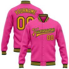 Загрузить изображение в средство просмотра галереи, Custom Pink Gold-Green Bomber Full-Snap Varsity Letterman Jacket
