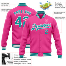 Laden Sie das Bild in den Galerie-Viewer, Custom Pink Teal-White Bomber Full-Snap Varsity Letterman Jacket
