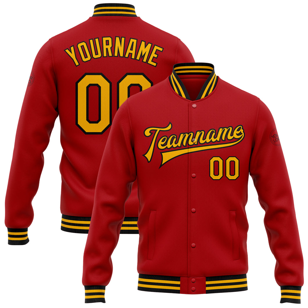 Custom Red Gold-Black Bomber Full-Snap Varsity Letterman Jacket