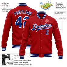Load image into Gallery viewer, Custom Red Royal-White Bomber Full-Snap Varsity Letterman Jacket
