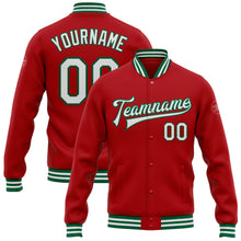 Charger l&#39;image dans la galerie, Custom Red White-Kelly Green Bomber Full-Snap Varsity Letterman Jacket
