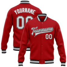 Charger l&#39;image dans la galerie, Custom Red White Black-Gray Bomber Full-Snap Varsity Letterman Jacket
