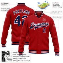 Load image into Gallery viewer, Custom Red Navy-White Bomber Full-Snap Varsity Letterman Jacket
