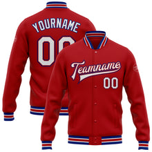 Load image into Gallery viewer, Custom Red White-Royal Bomber Full-Snap Varsity Letterman Jacket
