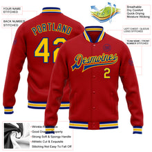 Charger l&#39;image dans la galerie, Custom Red Yellow-Royal Bomber Full-Snap Varsity Letterman Jacket
