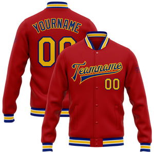 Custom Red Yellow-Royal Bomber Full-Snap Varsity Letterman Jacket