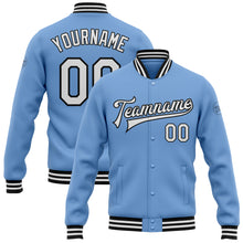 Charger l&#39;image dans la galerie, Custom Light Blue White-Black Bomber Full-Snap Varsity Letterman Jacket
