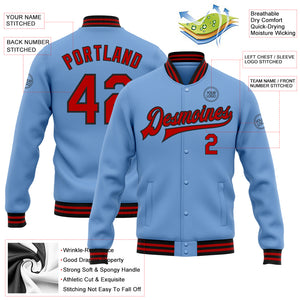 Custom Light Blue Red-Black Bomber Full-Snap Varsity Letterman Jacket