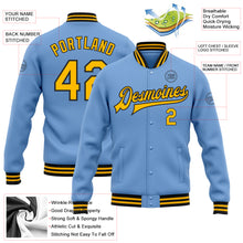 Charger l&#39;image dans la galerie, Custom Light Blue Gold-Black Bomber Full-Snap Varsity Letterman Jacket
