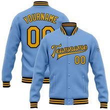 Charger l&#39;image dans la galerie, Custom Light Blue Gold-Black Bomber Full-Snap Varsity Letterman Jacket
