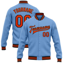 Charger l&#39;image dans la galerie, Custom Light Blue Orange-Black Bomber Full-Snap Varsity Letterman Jacket
