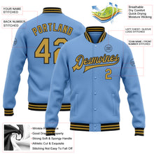 Charger l&#39;image dans la galerie, Custom Light Blue Old Gold-Black Bomber Full-Snap Varsity Letterman Jacket
