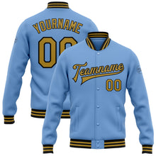 Charger l&#39;image dans la galerie, Custom Light Blue Old Gold-Black Bomber Full-Snap Varsity Letterman Jacket
