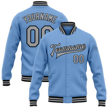 Charger l&#39;image dans la galerie, Custom Light Blue Gray-Black Bomber Full-Snap Varsity Letterman Jacket
