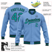 Charger l&#39;image dans la galerie, Custom Light Blue Teal-Black Bomber Full-Snap Varsity Letterman Jacket
