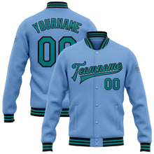 Charger l&#39;image dans la galerie, Custom Light Blue Teal-Black Bomber Full-Snap Varsity Letterman Jacket
