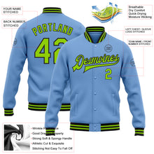 Charger l&#39;image dans la galerie, Custom Light Blue Neon Green-Black Bomber Full-Snap Varsity Letterman Jacket
