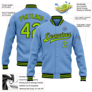 Custom Light Blue Neon Green-Black Bomber Full-Snap Varsity Letterman Jacket