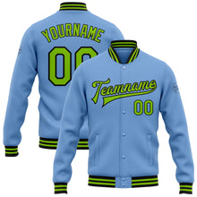 Charger l&#39;image dans la galerie, Custom Light Blue Neon Green-Black Bomber Full-Snap Varsity Letterman Jacket
