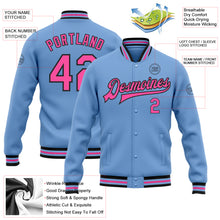 Charger l&#39;image dans la galerie, Custom Light Blue Pink-Black Bomber Full-Snap Varsity Letterman Jacket
