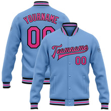 Charger l&#39;image dans la galerie, Custom Light Blue Pink-Black Bomber Full-Snap Varsity Letterman Jacket
