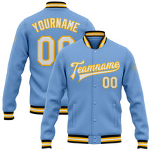 Charger l&#39;image dans la galerie, Custom Light Blue White Gold-Black Bomber Full-Snap Varsity Letterman Jacket
