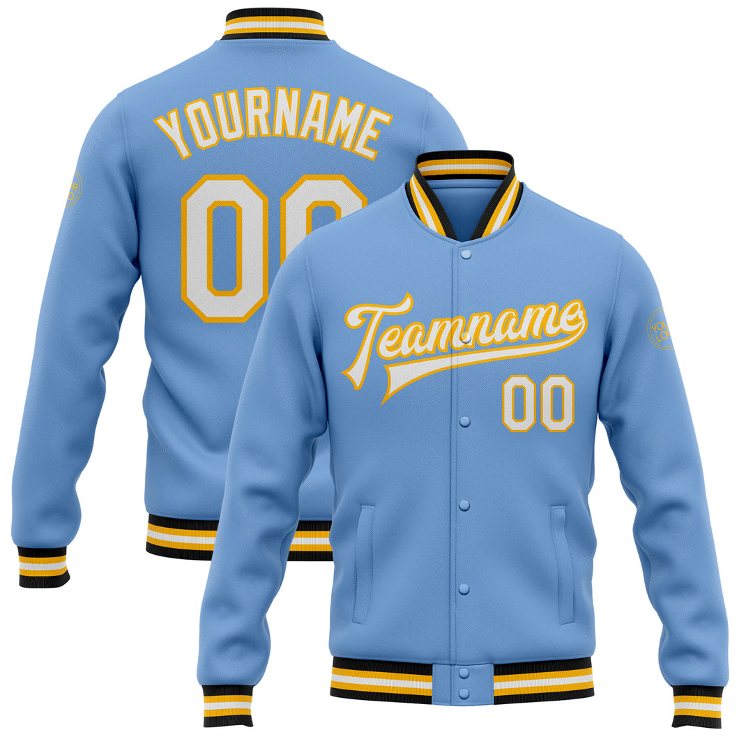 Custom Light Blue White Gold-Black Bomber Full-Snap Varsity Letterman Jacket