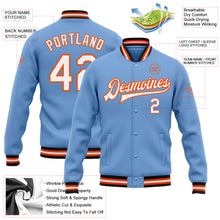 Load image into Gallery viewer, Custom Light Blue White Orange-Black Bomber Full-Snap Varsity Letterman Jacket
