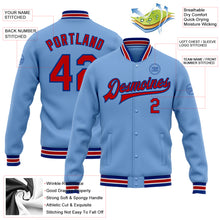 Laden Sie das Bild in den Galerie-Viewer, Custom Light Blue Red-Royal Bomber Full-Snap Varsity Letterman Jacket
