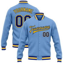 Load image into Gallery viewer, Custom Light Blue Royal-Yellow Bomber Full-Snap Varsity Letterman Jacket
