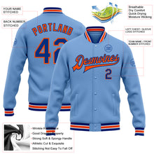 Charger l&#39;image dans la galerie, Custom Light Blue Royal-Orange Bomber Full-Snap Varsity Letterman Jacket
