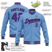 Charger l&#39;image dans la galerie, Custom Light Blue Purple-Black Bomber Full-Snap Varsity Letterman Jacket
