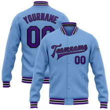 Charger l&#39;image dans la galerie, Custom Light Blue Purple-Black Bomber Full-Snap Varsity Letterman Jacket
