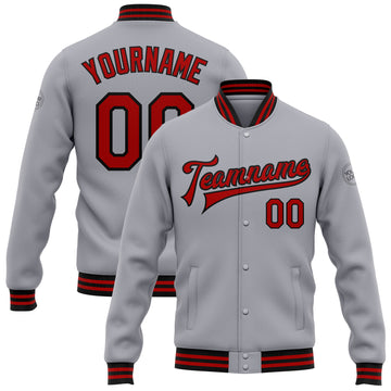 Custom Gray Red-Black Bomber Full-Snap Varsity Letterman Jacket