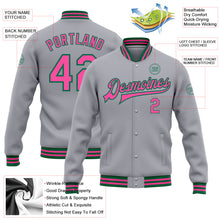 Charger l&#39;image dans la galerie, Custom Gray Pink-Kelly Green Bomber Full-Snap Varsity Letterman Jacket
